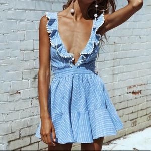 Blue white striped open back ruffle dress